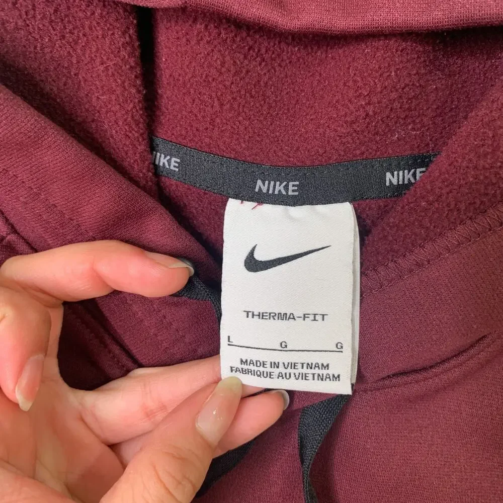 Nike Hoodie Mens L Large Burgundy Therma Fit Big Swoosh Fleece Lined Sweatshirt